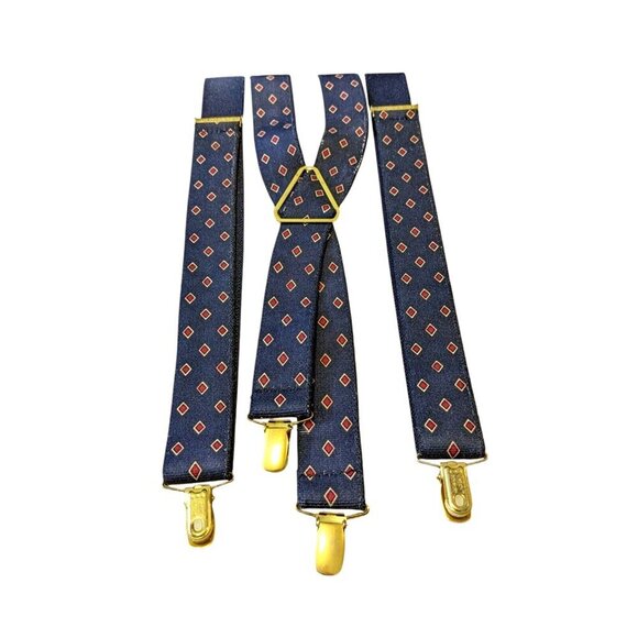 Vintage CAS West Germany Suspenders Clips Navy Blue Red Diamond Mens Formal - Picture 2 of 3